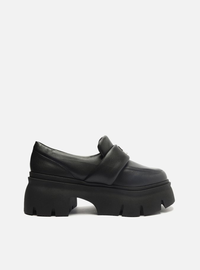 Mocassim Preto Couro Bico Redondo Puffer