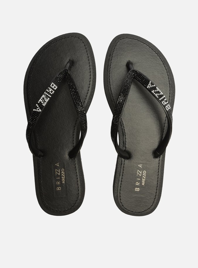 Sandália Papete Preta Couro Flatform Strass Brizza