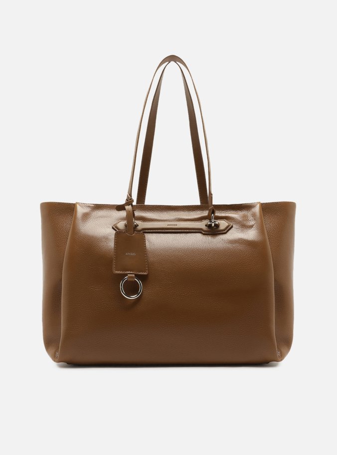 Bolsa Shopping Marrom Couro Grande Metais