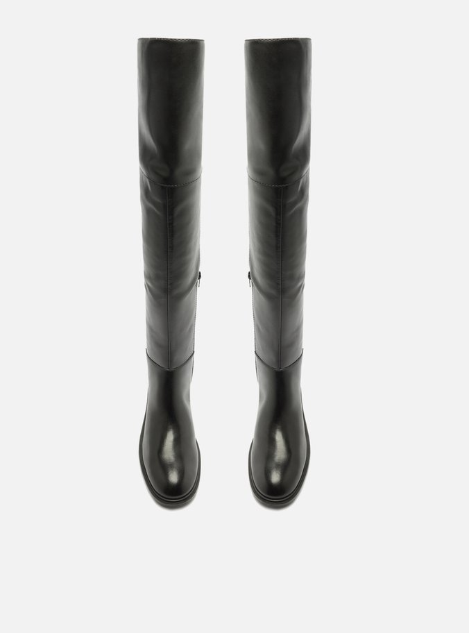 Bota Over The Knee Preta Couro Salto Bloco