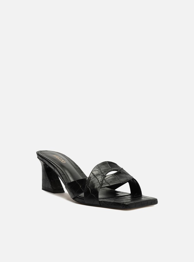 Sandália Preta Croco Bico Quadrado Flare