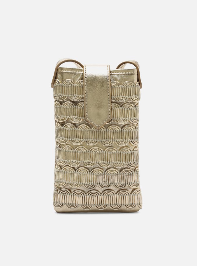 Mini Bag Dourada Couro Porta-Celular Trama Curvada