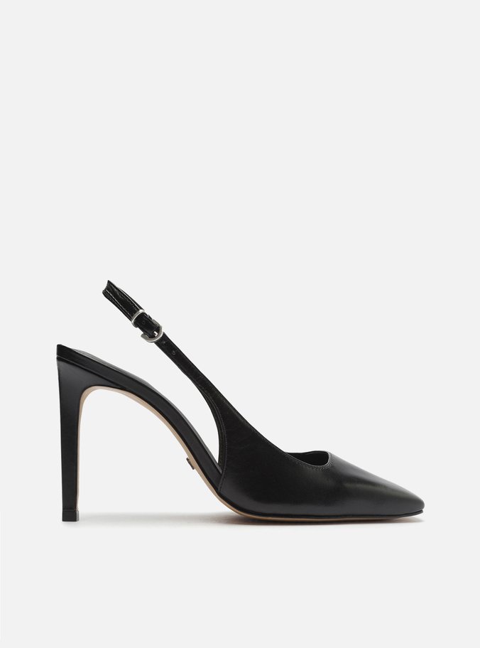 Scarpin Preto Couro Bico Quadrado Slingback