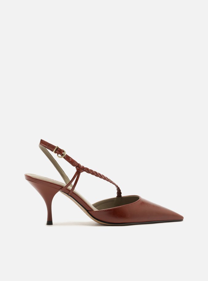 Scarpin Marrom Salto Bloco Tiras Trançadas Slingback