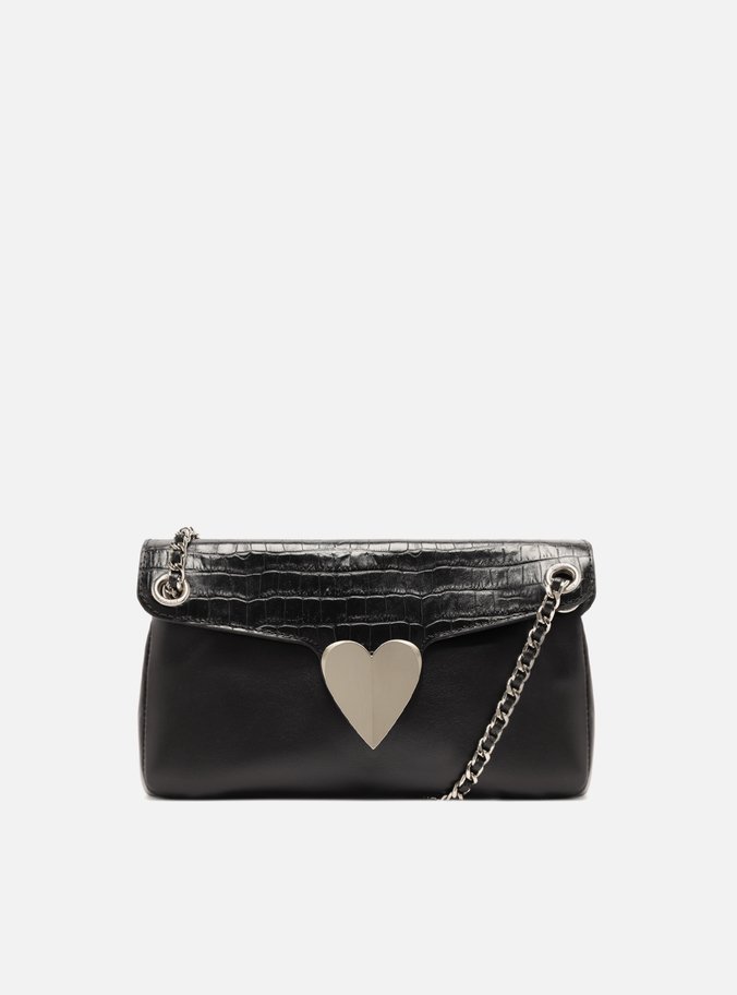 Bolsa Tiracolo Preta Couro Média Coração Metal