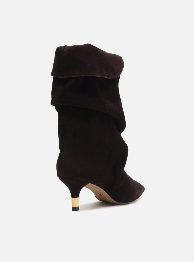 Bota Marrom Café Suede Cano Médio Salto Fino Slouch