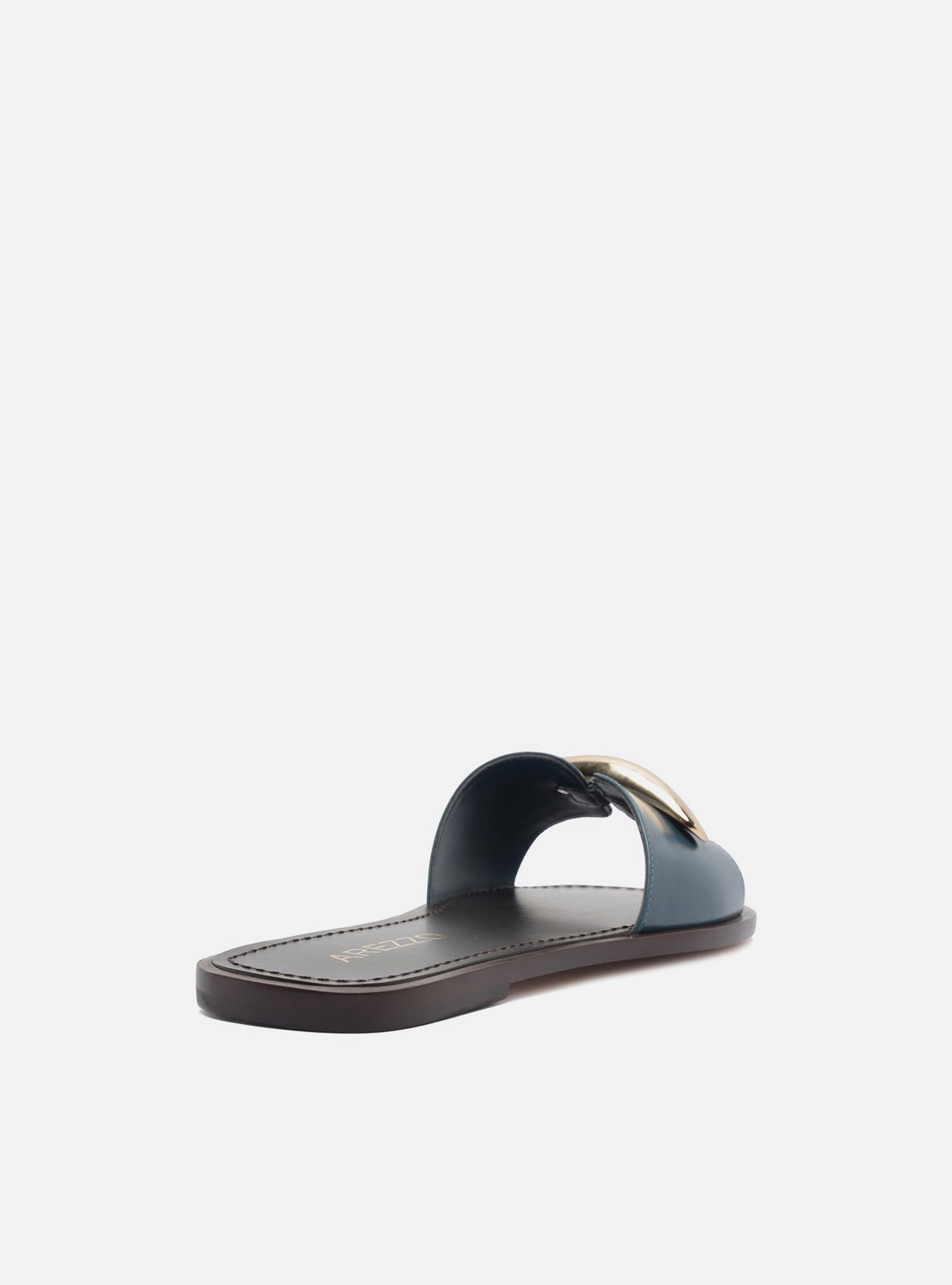 Sandália Rasteira Azul Couro Bico Redondo Metais — foto 3