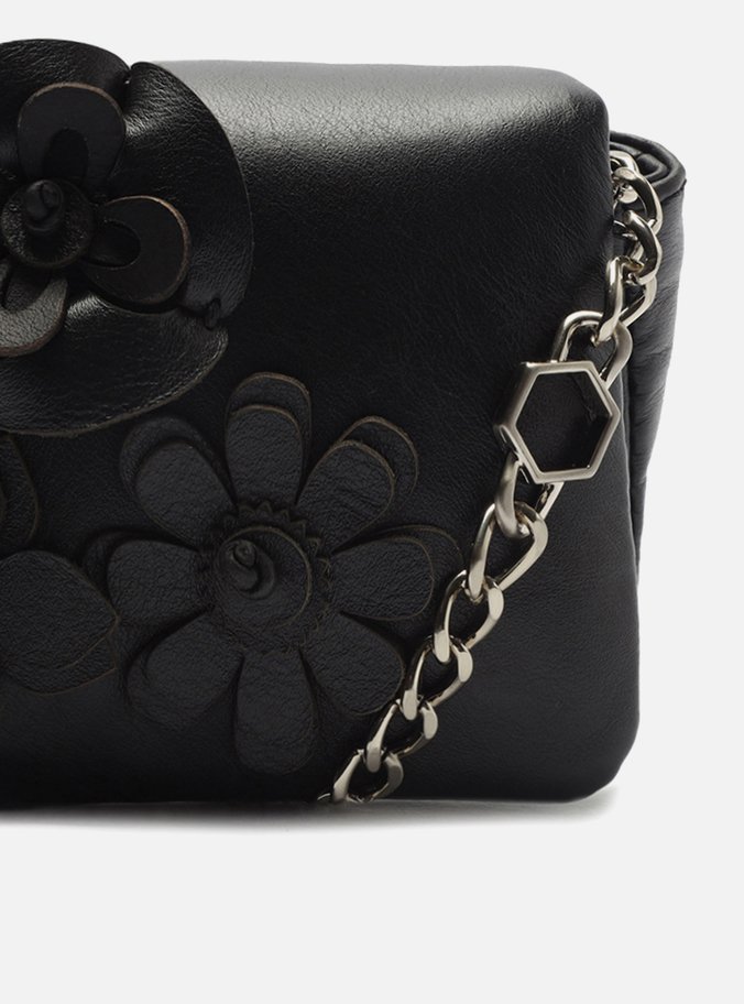 Mini Bag Preta Couro Flores