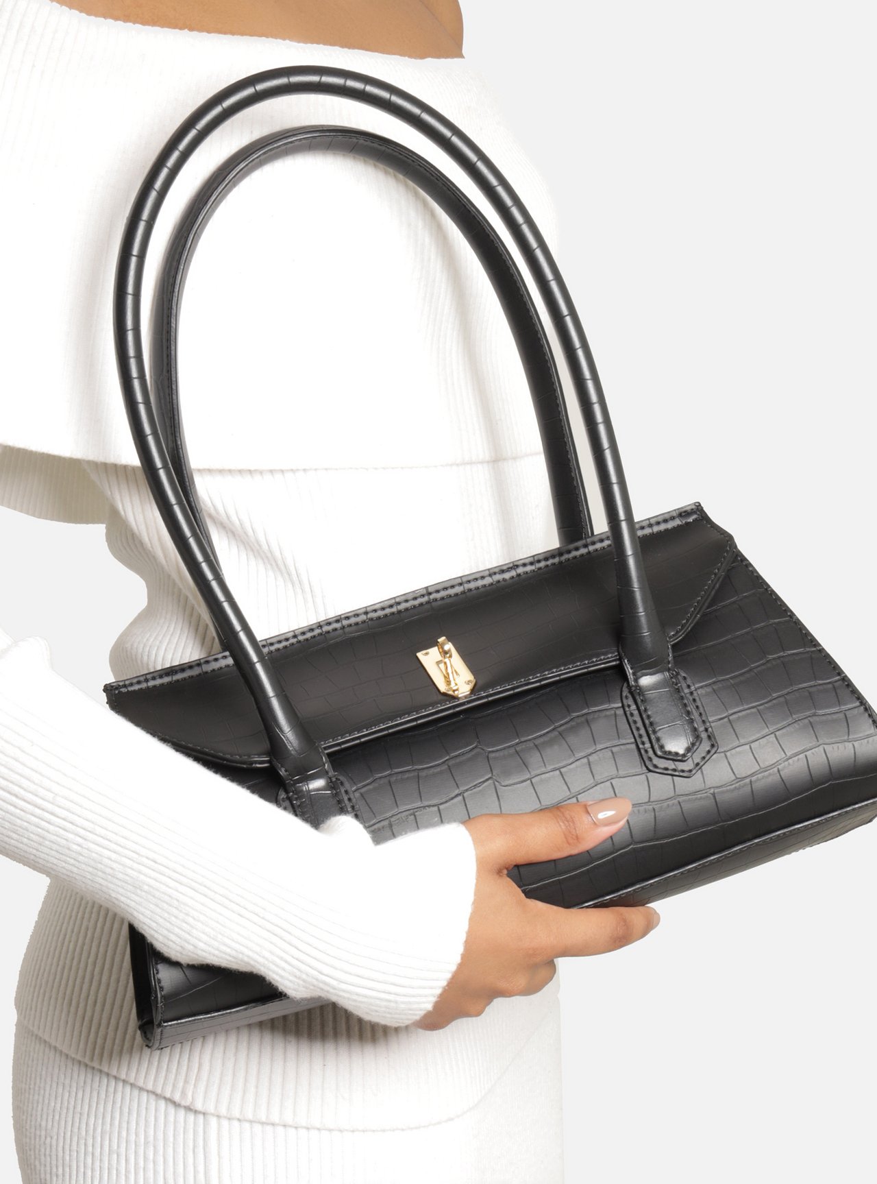 Bolsa Shoulder Preta Média Croco Metais — foto 6