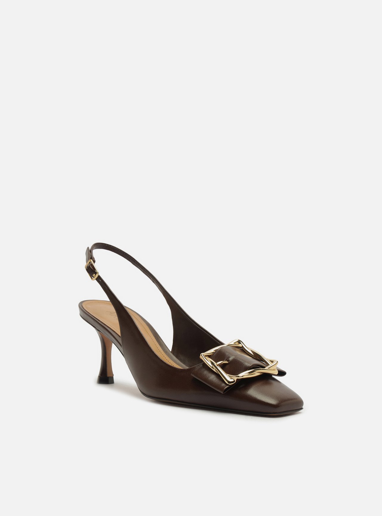 Scarpin Marrom Couro Slingback Salto Médio Fivela — foto 2