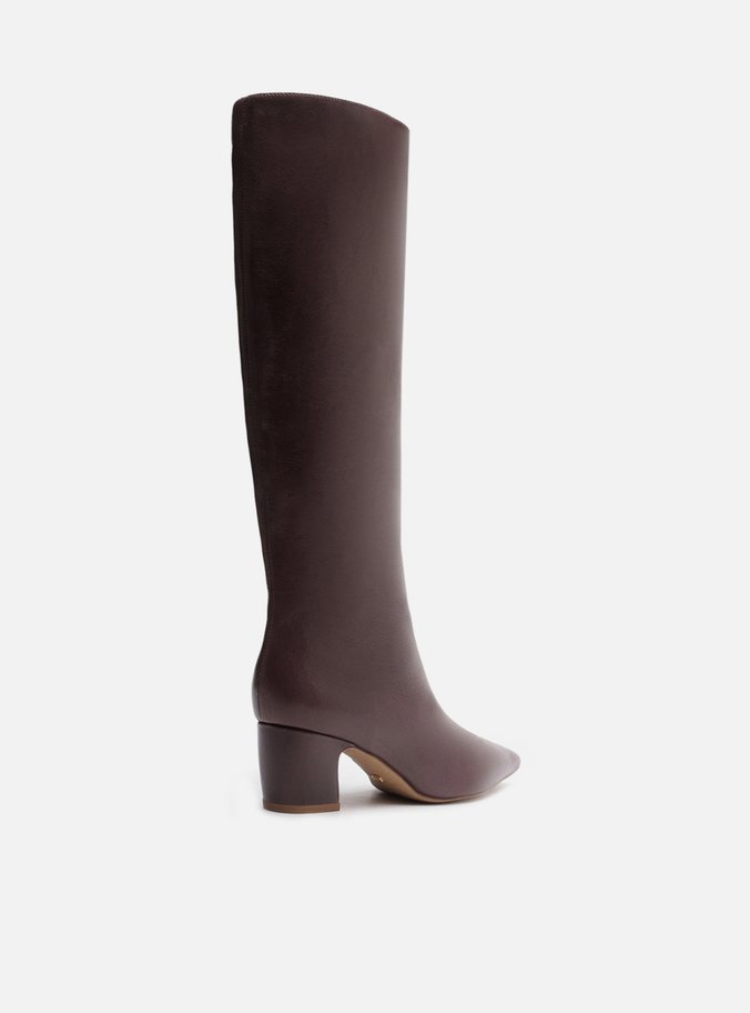 Bota Marrom Couro Cano Longo Bico Fino Zíper