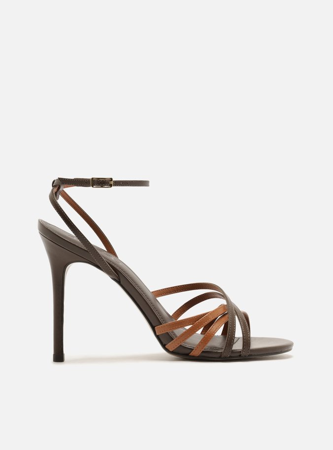 Sandália Marrom Couro Salto Alto Multitiras