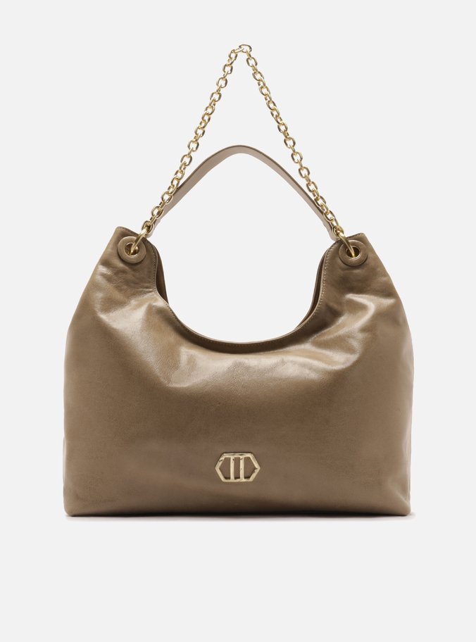 Bolsa Hobo Cinza Couro Grande Metal Geométrico