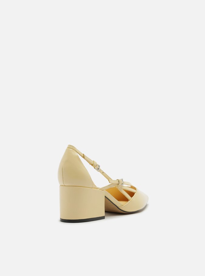 Scarpin Amarelo Couro Bloco Semi Aberto Fivelas