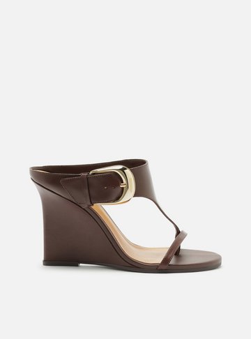 Arezzo — Sandália Marrom Escuro Couro Anabela Tira Thong Maxi Fivela