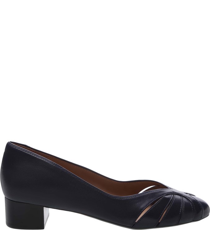 Scarpin Couro Salto Baixo Bloco Recortes Blue Mist