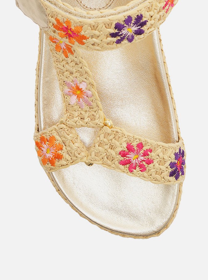 Sandália Papete Cru Crochê Flatform Flores