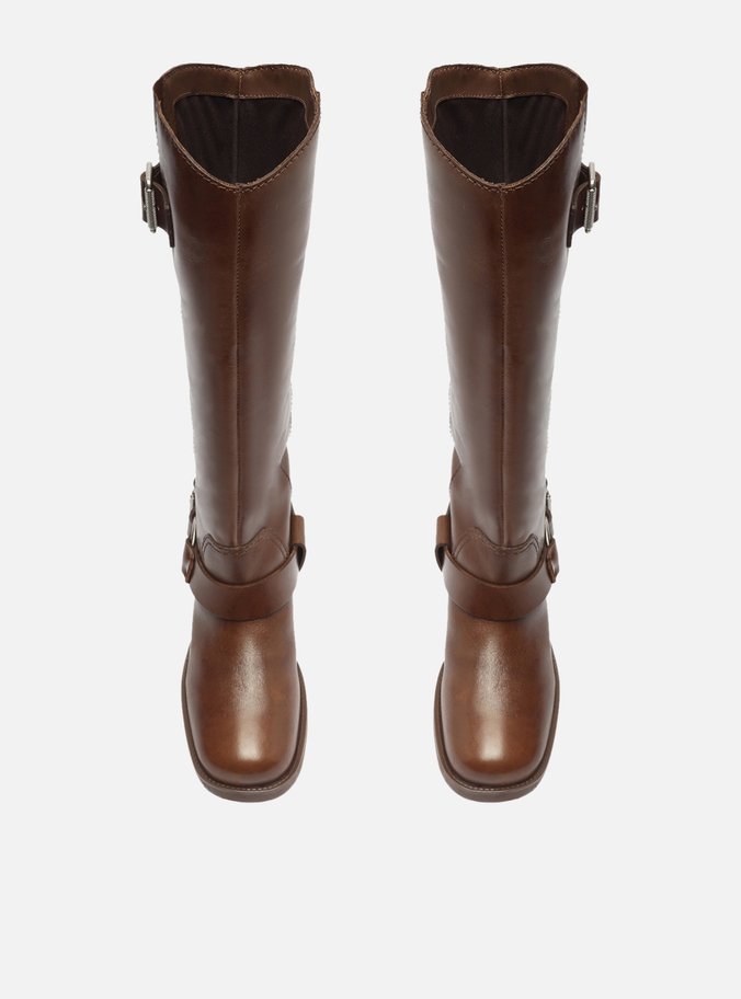 Bota Marrom Couro Cano Longo Fivelas