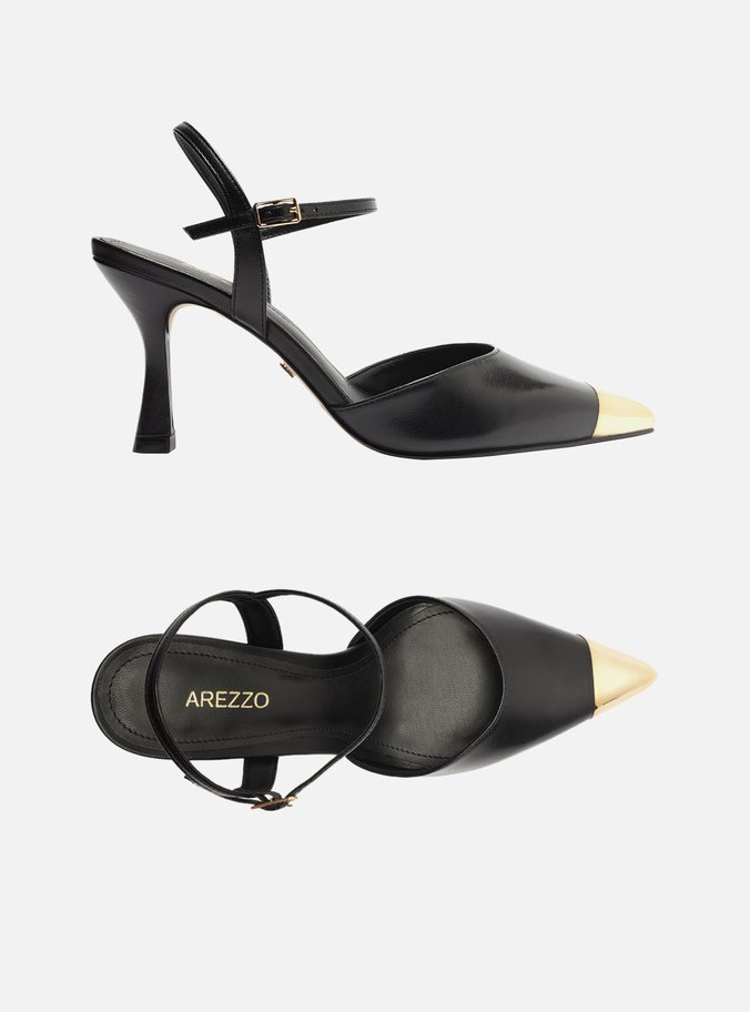 Scarpin Preto Couro Bico Fino Aberto Cap Toe