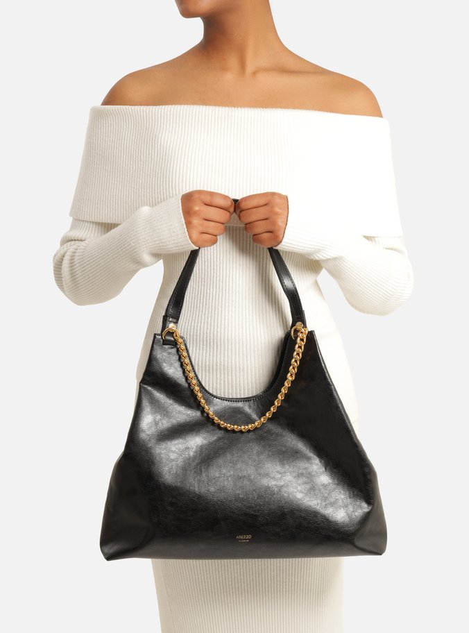 Bolsa Hobo Preta Grande Corrente Metálica