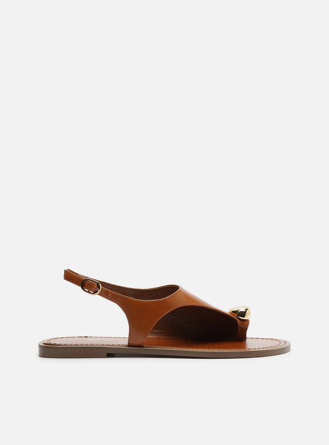 Rasteira Marrom Couro Semi Coberta Metal Bold