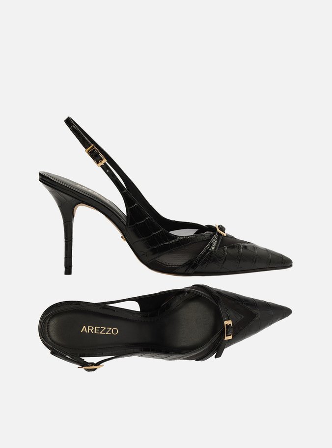 Scarpin Preto Croco Salto Alto Slingback Tela