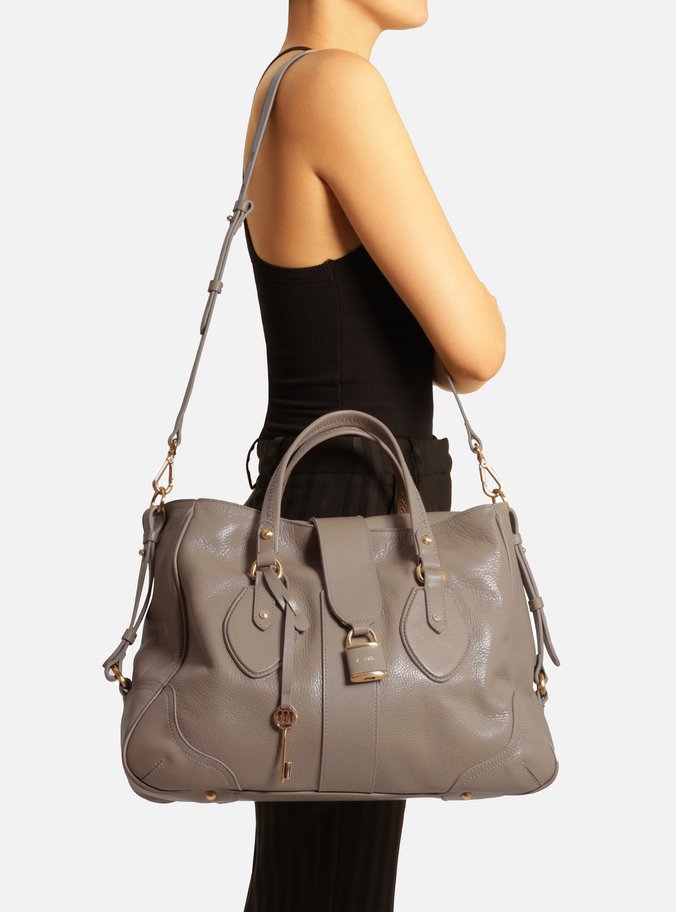 Bolsa Tote Cinza Couro Média Cadeado