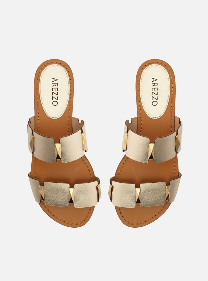 Rasteira Dourada Couro Flat Platino