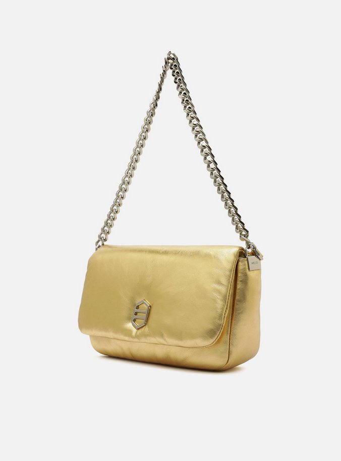 Bolsa Tiracolo Dourada Couro Média Puffer