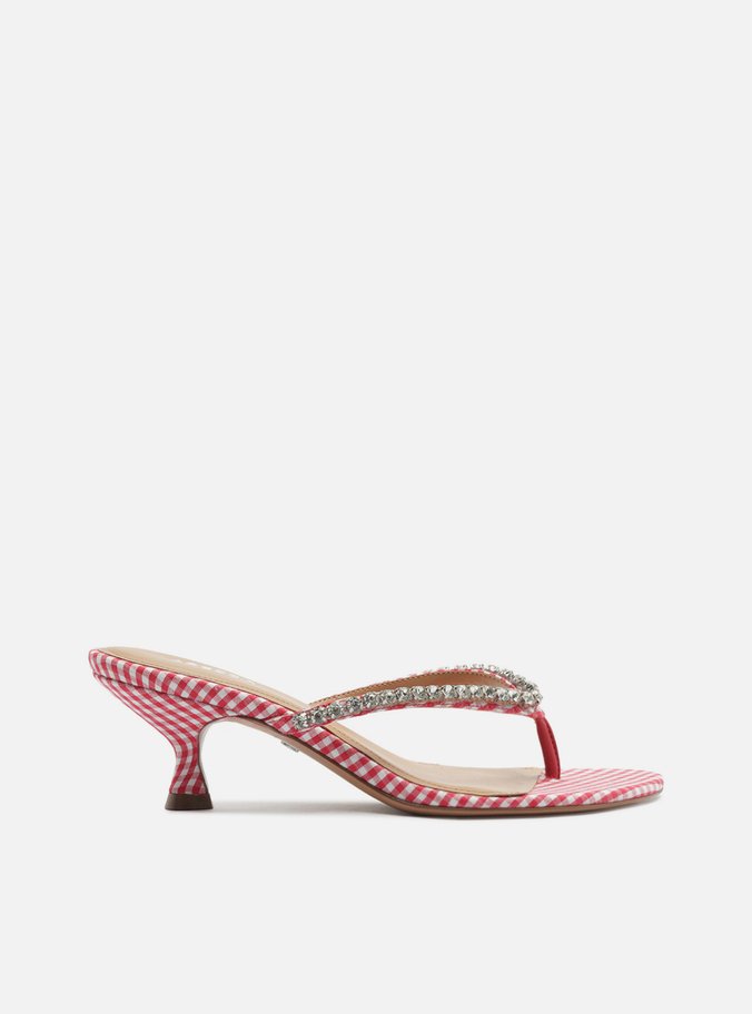 Sandália Tamanco Thong Estampada Vichy Salto Fino Strass