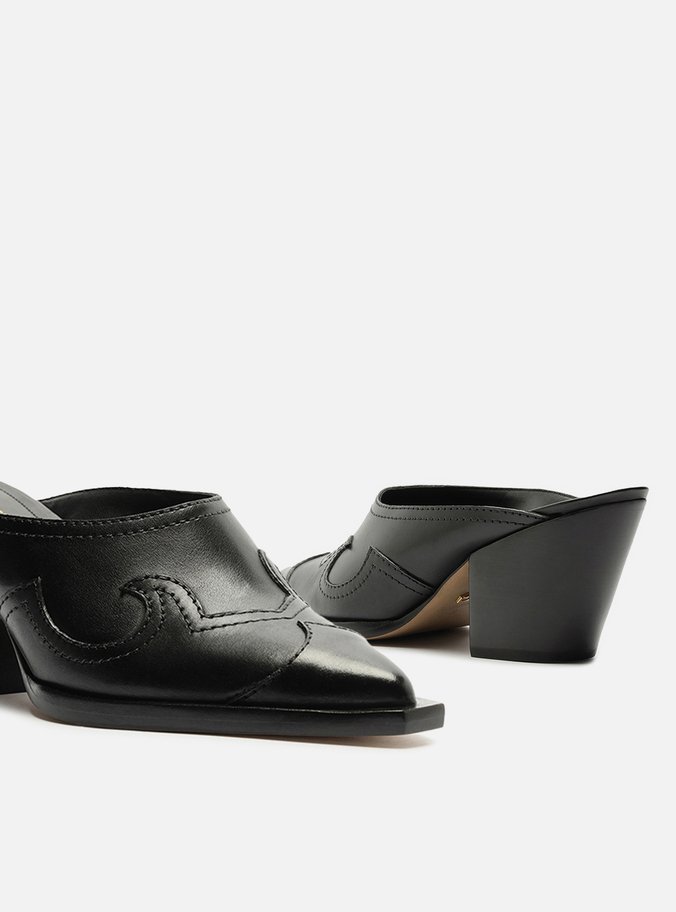 Mule Preta Couro Salto Bloco Western