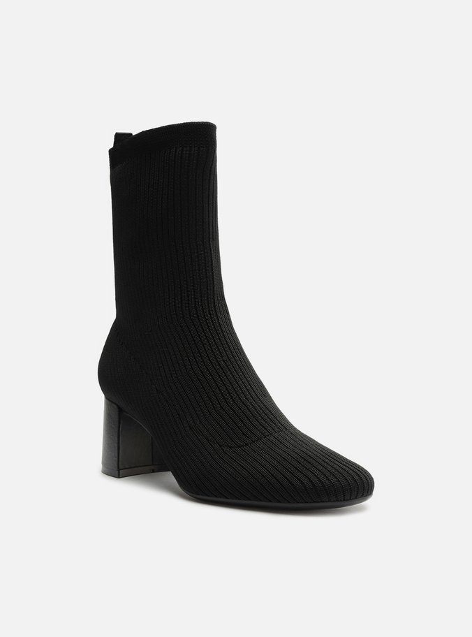 Bota Skinny Preta Knit Cano Curto Salto Bloco