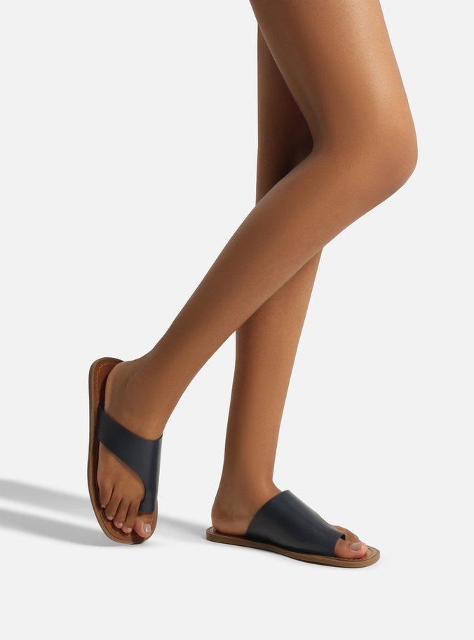 Sandália Rasteira Azul Couro Semi Coberta