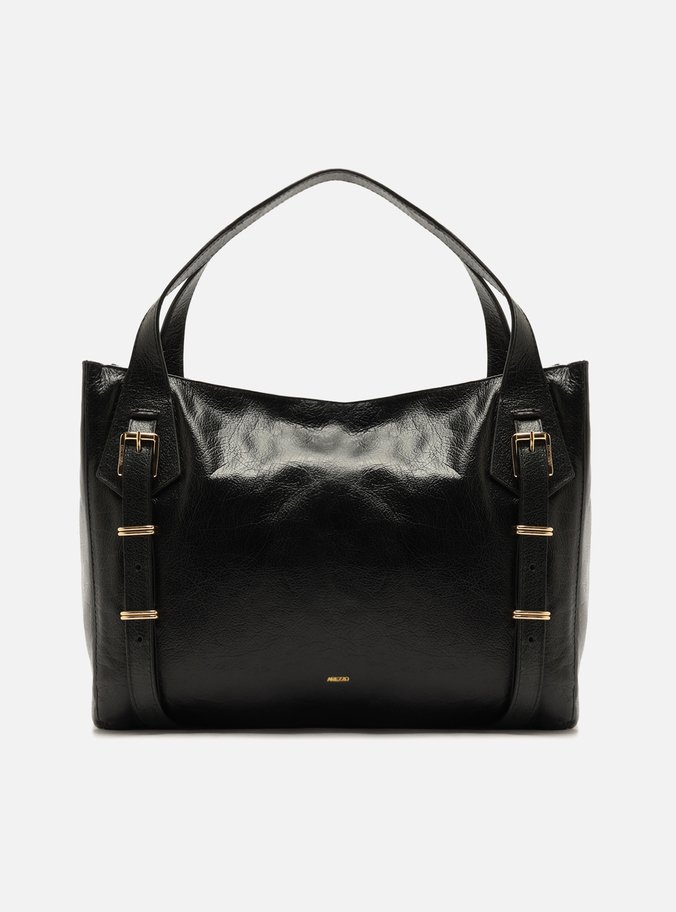 Bolsa Hobo Preta Couro Grande Metais