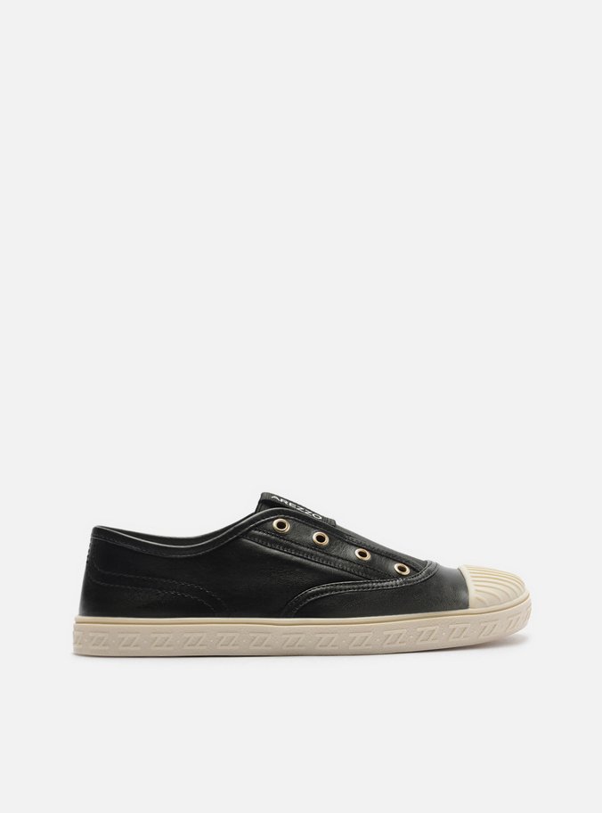 Tênis Slip On Preto Couro Sola Baixa Elástico
