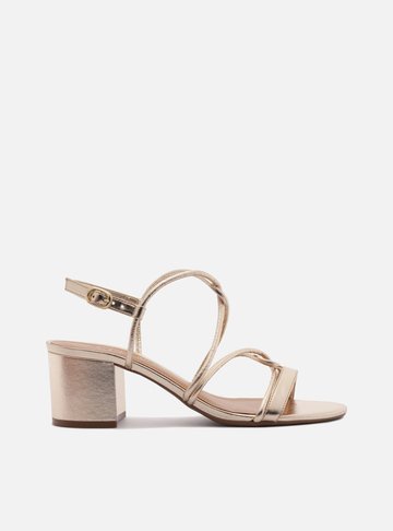 Sandália Dourada Salto Bloco Tiras Enlace