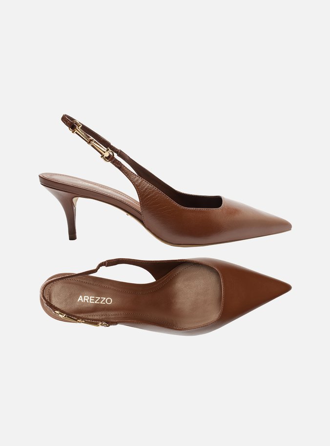Scarpin Marrom Couro Slingback Detalhe Metal