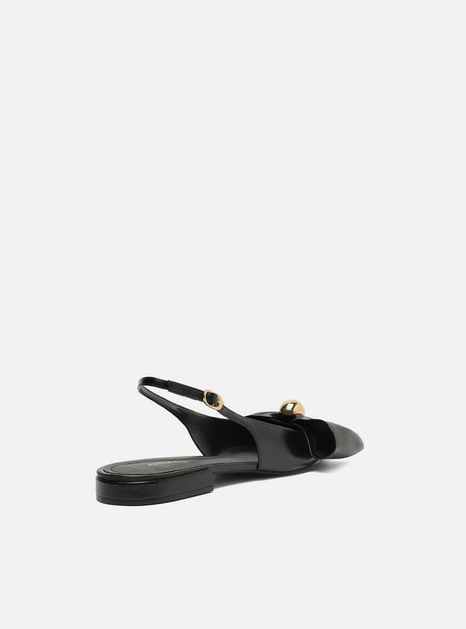 Sapatilha Preta Couro Slingback Laço Metal