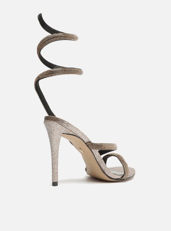 Sandália Dourada Salto Fino Espiral Glitter Strass Gigi