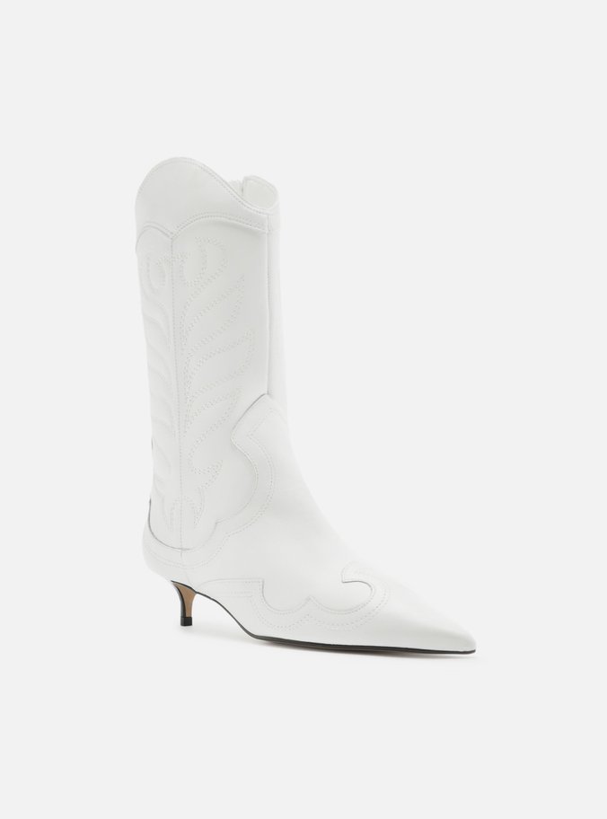 Bota Branca Couro Cano Médio Salto Fino Western