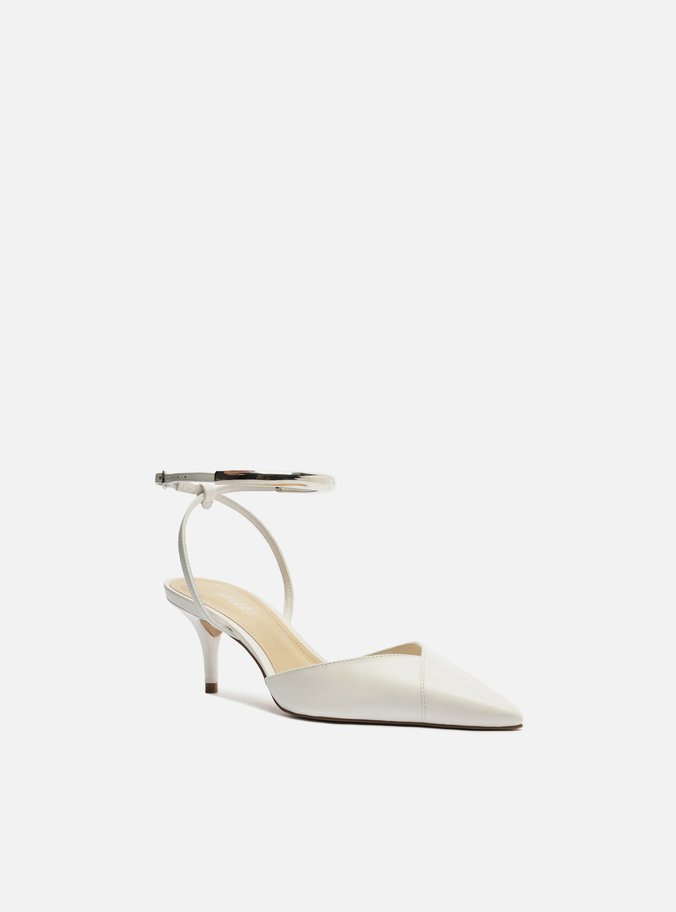 Scarpin Branco Couro Salto Kitten Tira Metal