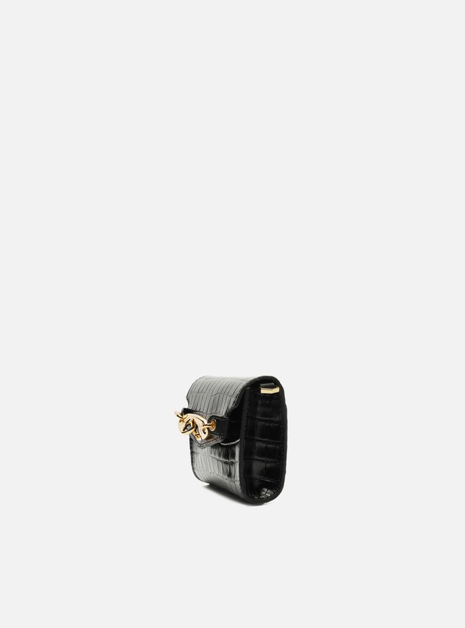 Bolsa Tiracolo Preta Couro Croco Pequena Ganchos