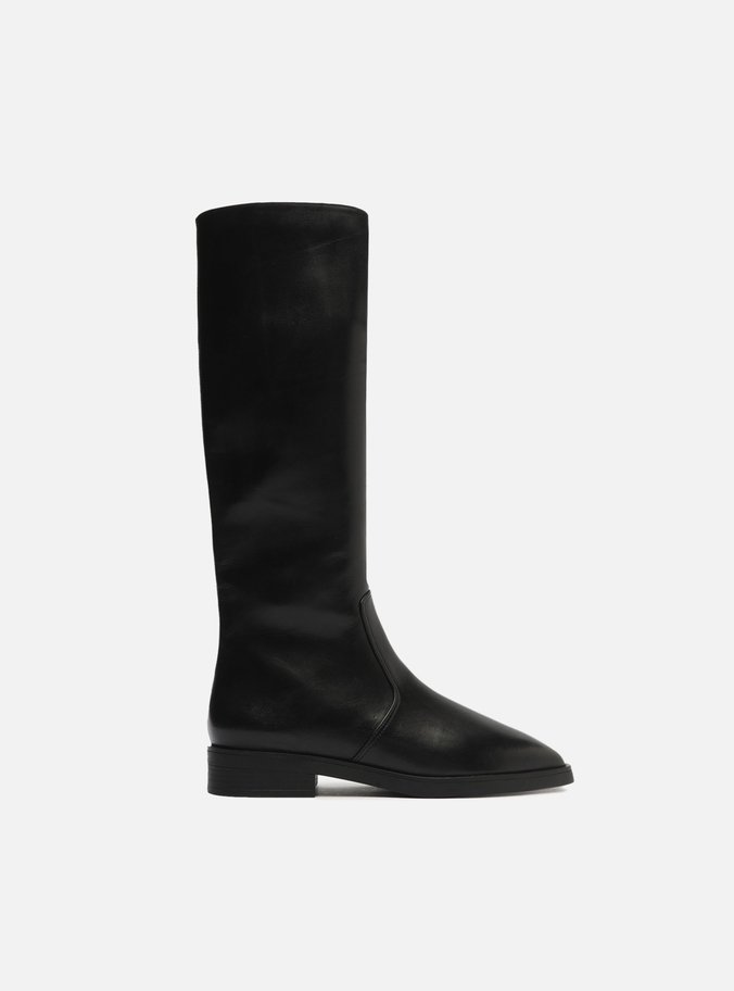 Bota Preta Couro Cano Longo Zíper Montaria