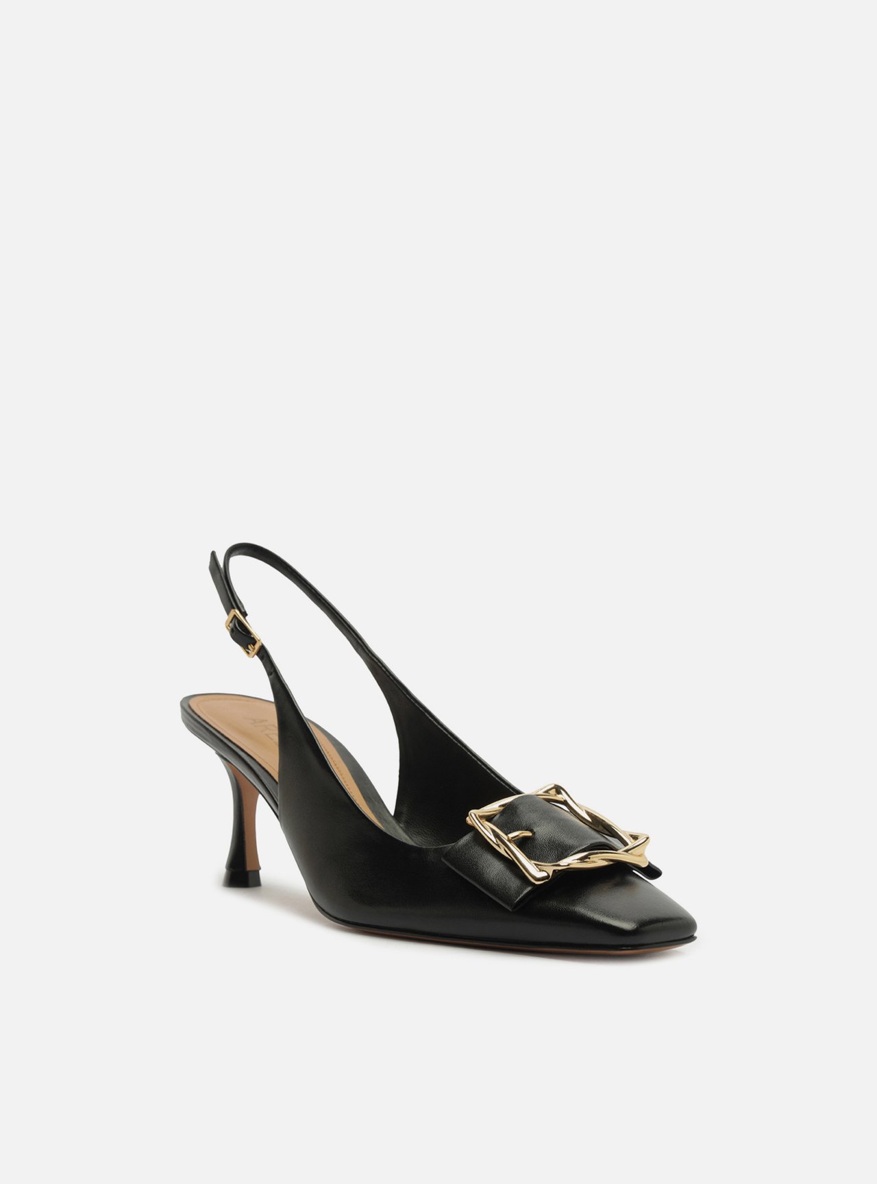 Scarpin Preto Couro Slingback Salto Médio Fivela — foto 2