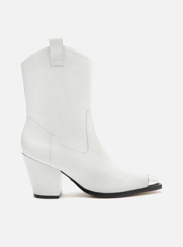 Bota Branca Couro Cano Curto Salto Metal
