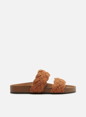 Sandália Papete Marrom Bordado Tiras Largas