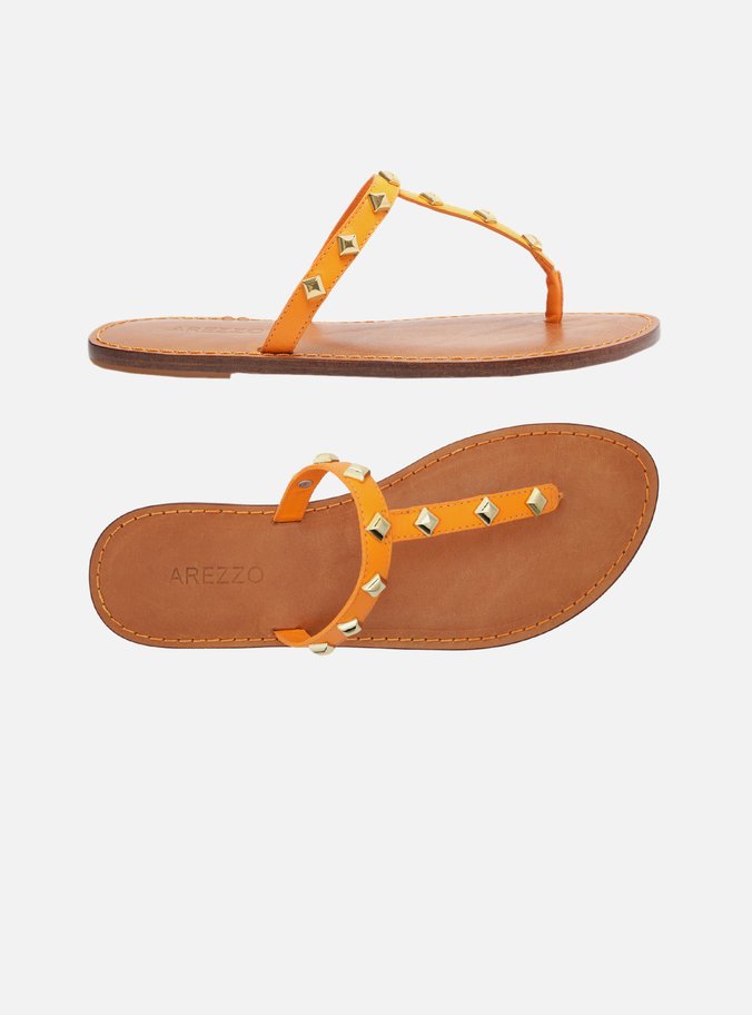 Sandália Rasteira Laranja Couro Slim Studs Ella