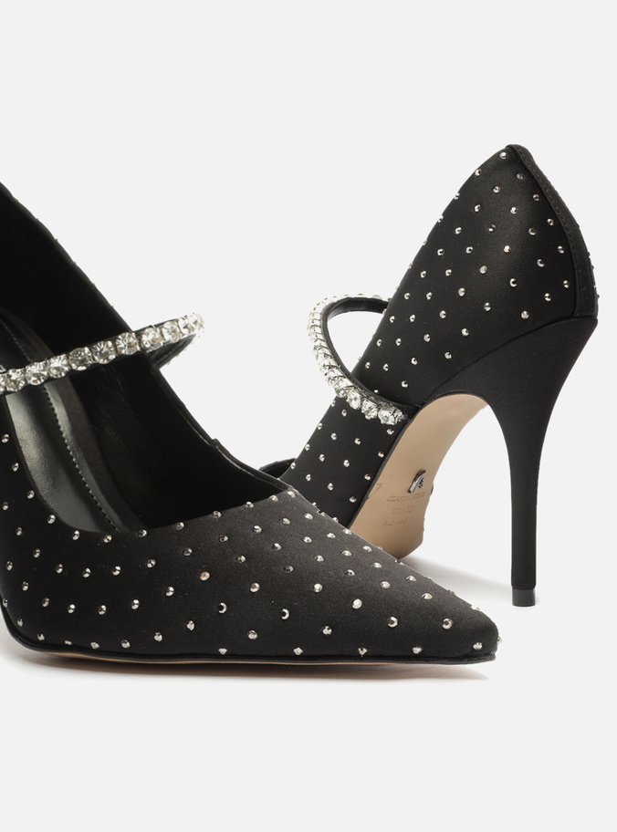 Scarpin Preto Salto Alto Bico Fino Strass Aysha
