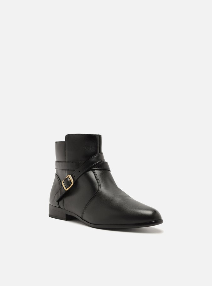 Bota Preta Couro Cano Curto Salto Baixo Tira