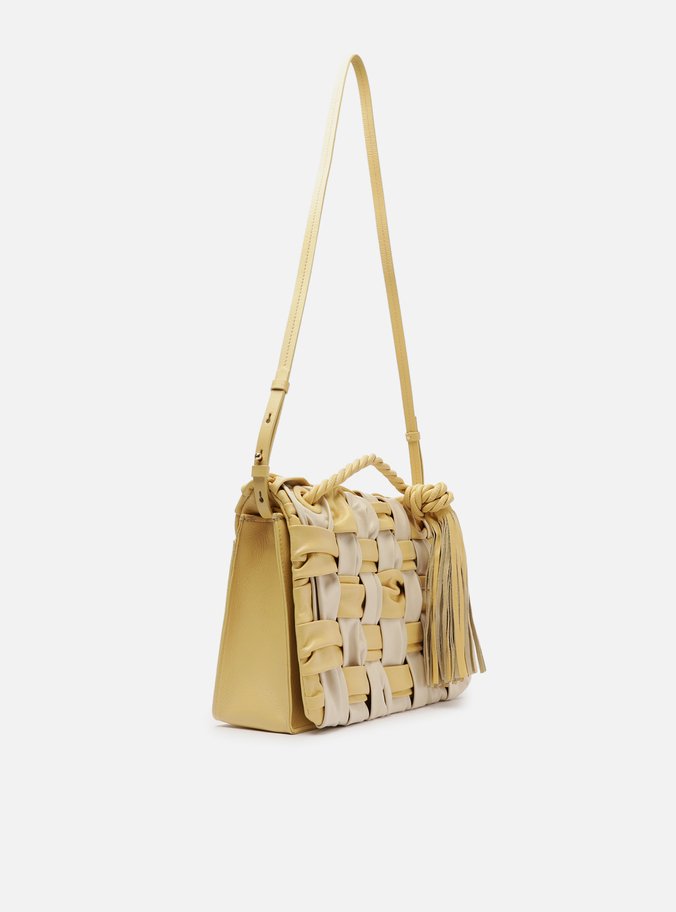 Bolsa Tiracolo Amarela Couro Grande Tressê Bicolor